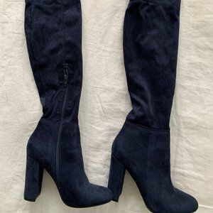 Navy Suede Knee High Boots